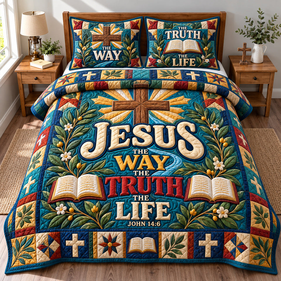 God Bible Verse quilted bedding set, quilt and two pillow shams on a made bed