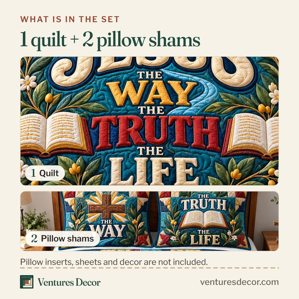 What is in the set: one quilt and two pillow shams, shown in the Christian God Bible Verse Quilt Set, 3-Piece Quilted Bedding with 2 Pillow Shams design