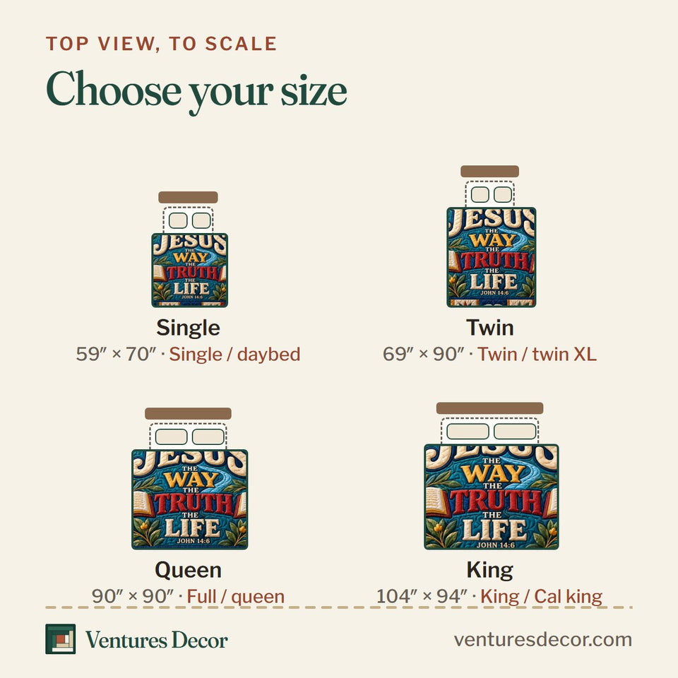 Size guide for the Christian God Bible Verse Quilt Set, 3-Piece Quilted Bedding with 2 Pillow Shams quilt, top view to scale: Single 59 x 70 in, Twin 69 x 90 in, Queen 90 x 90 in, King 104 x 94 in