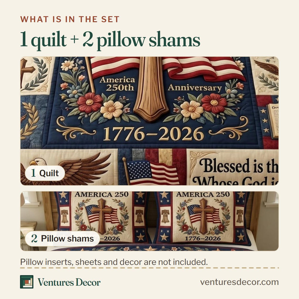 What is in the set: one quilt and two pillow shams, shown in the God Bless America Cross and Flag Panel design