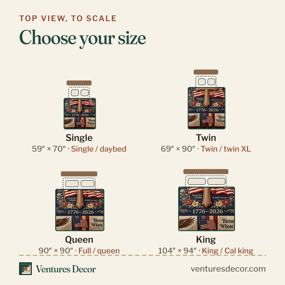 Size guide for the God Bless America Cross and Flag Panel quilt, top view to scale: Single 59 x 70 in, Twin 69 x 90 in, Queen 90 x 90 in, King 104 x 94 in