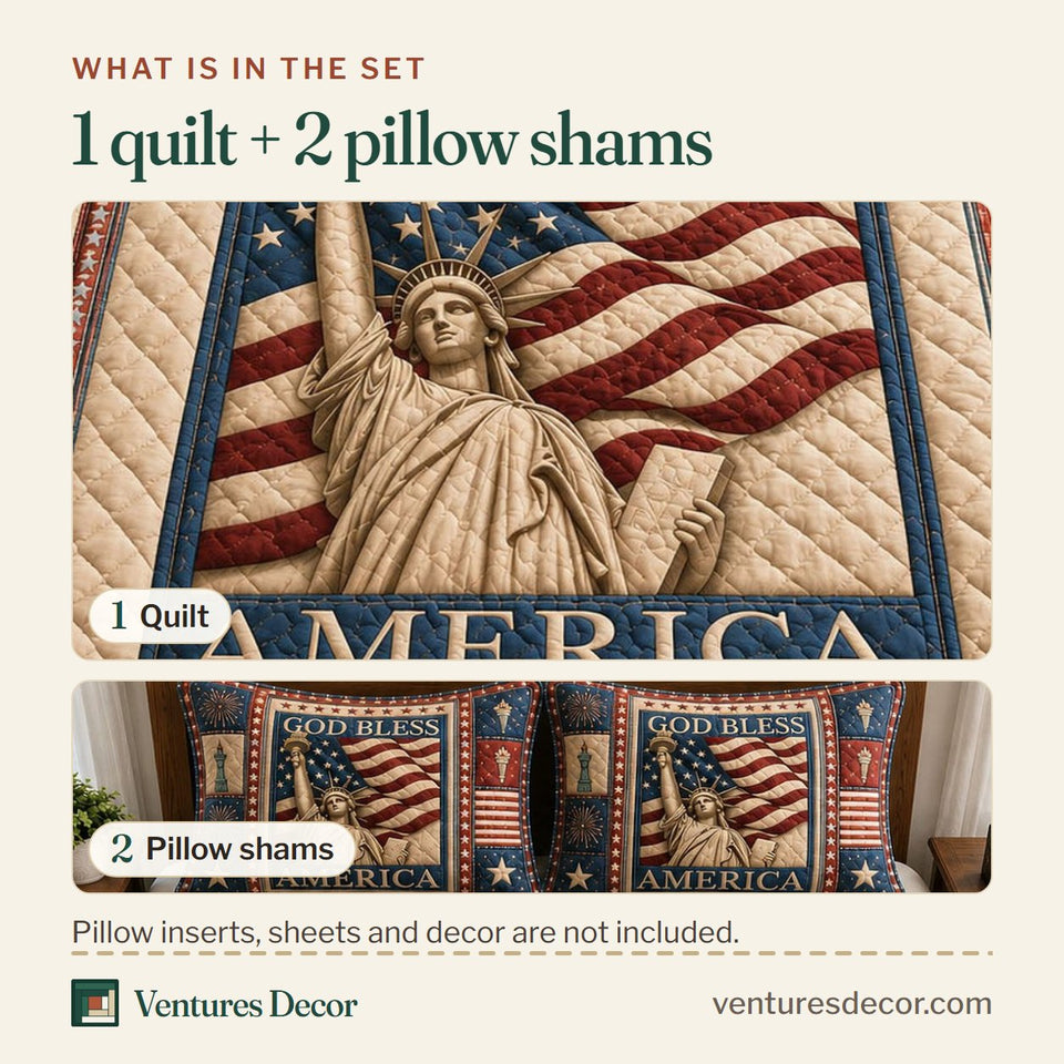 What is in the set: one quilt and two pillow shams, shown in the God Bless America Liberty design