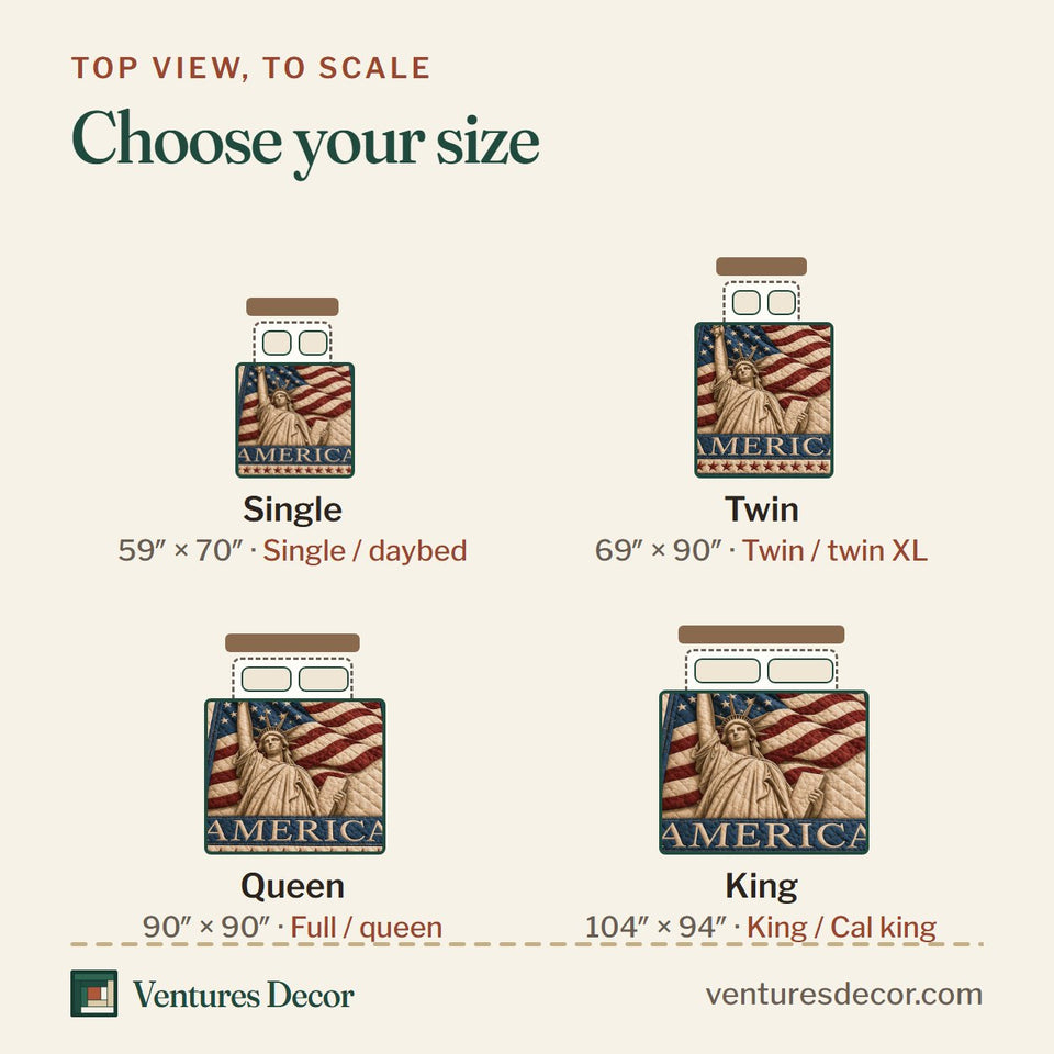 Size guide for the God Bless America Liberty quilt, top view to scale: Single 59 x 70 in, Twin 69 x 90 in, Queen 90 x 90 in, King 104 x 94 in