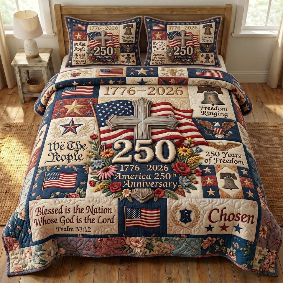 God Bless America We The People Blocks quilted bedding set, quilt and two pillow shams on a made bed