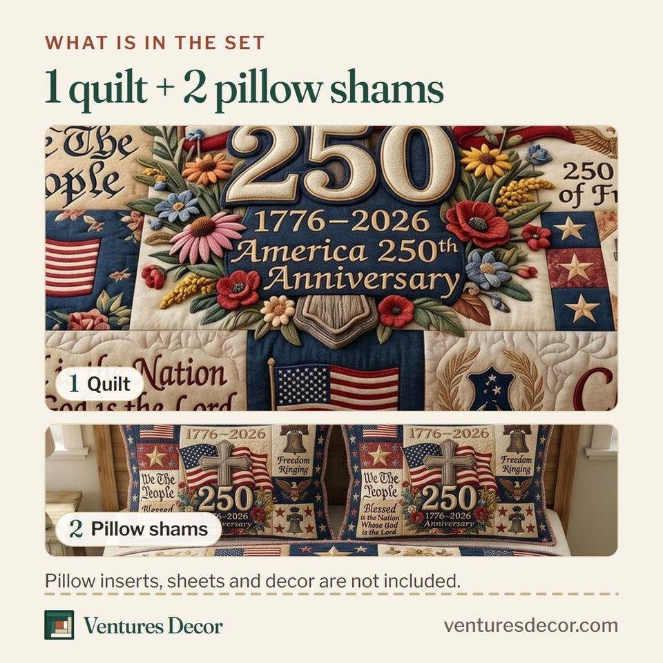 What is in the set: one quilt and two pillow shams, shown in the God Bless America We The People Blocks design