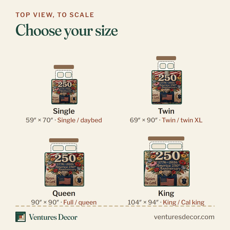 Size guide for the God Bless America We The People Blocks quilt, top view to scale: Single 59 x 70 in, Twin 69 x 90 in, Queen 90 x 90 in, King 104 x 94 in