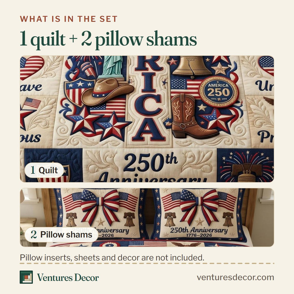 What is in the set: one quilt and two pillow shams, shown in the God Bless America Word Block Banner design