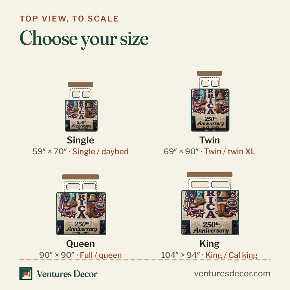 Size guide for the God Bless America Word Block Banner quilt, top view to scale: Single 59 x 70 in, Twin 69 x 90 in, Queen 90 x 90 in, King 104 x 94 in