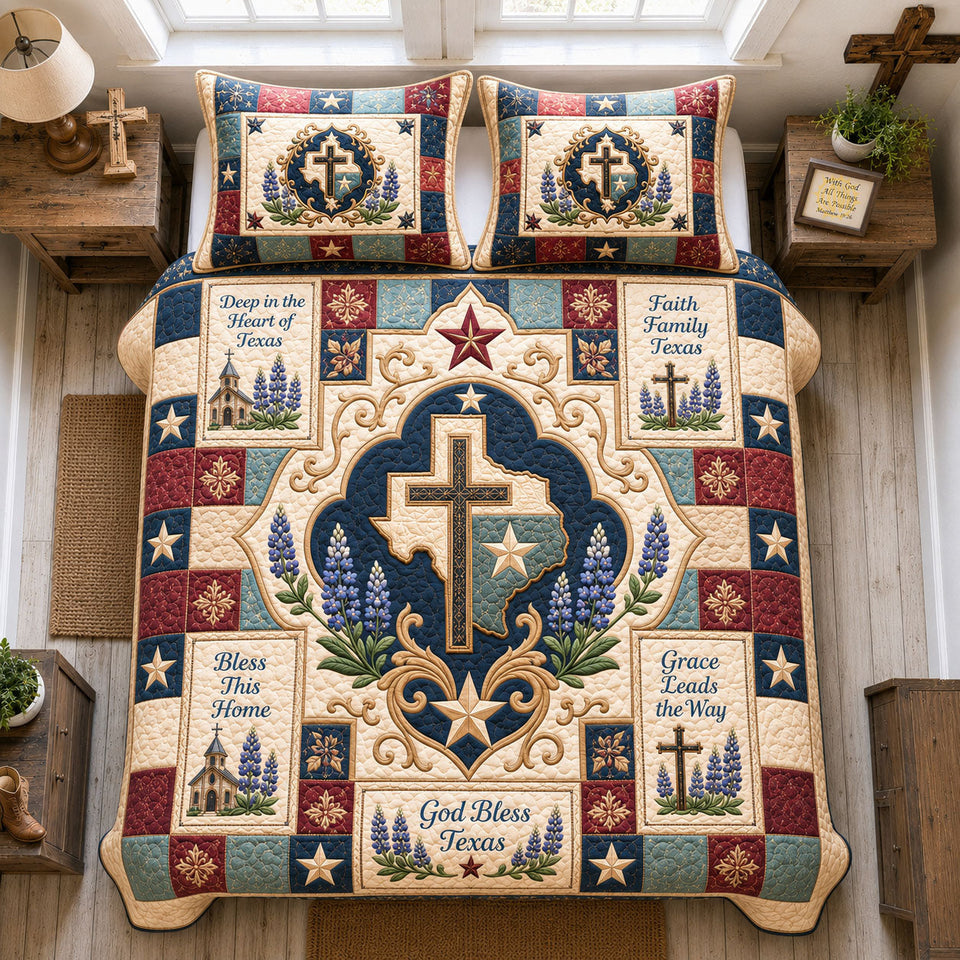 God Bless Texas Cross Medallion quilted bedding set, quilt and two pillow shams on a made bed