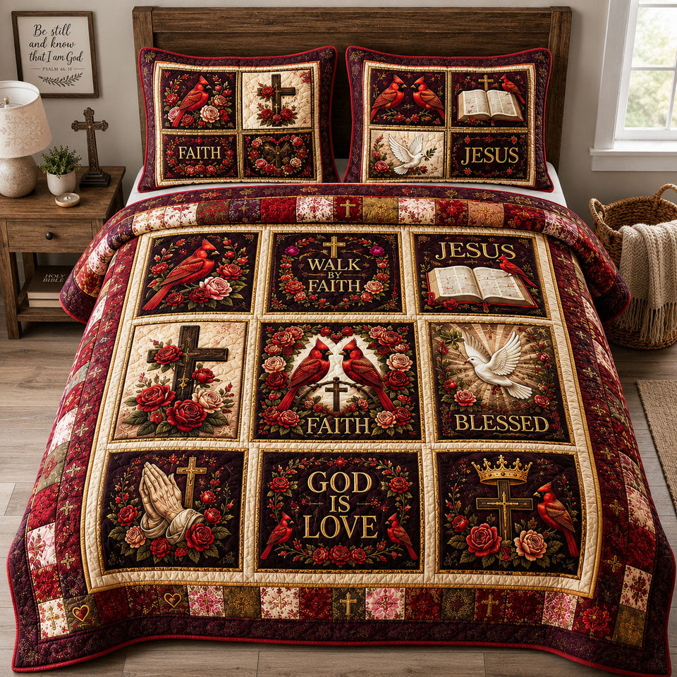 God Is Love Cardinals Rose Garden quilted bedding set, quilt and two pillow shams on a made bed