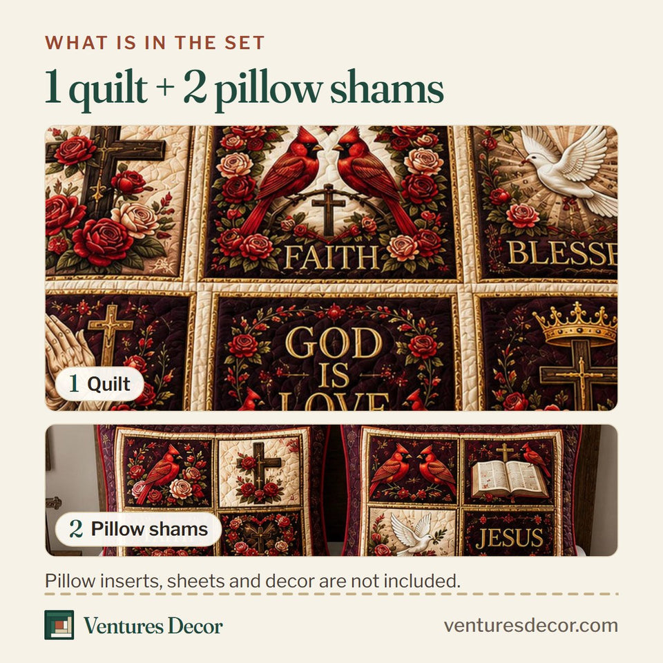 What is in the set: one quilt and two pillow shams, shown in the God Is Love Cardinals Rose Garden design