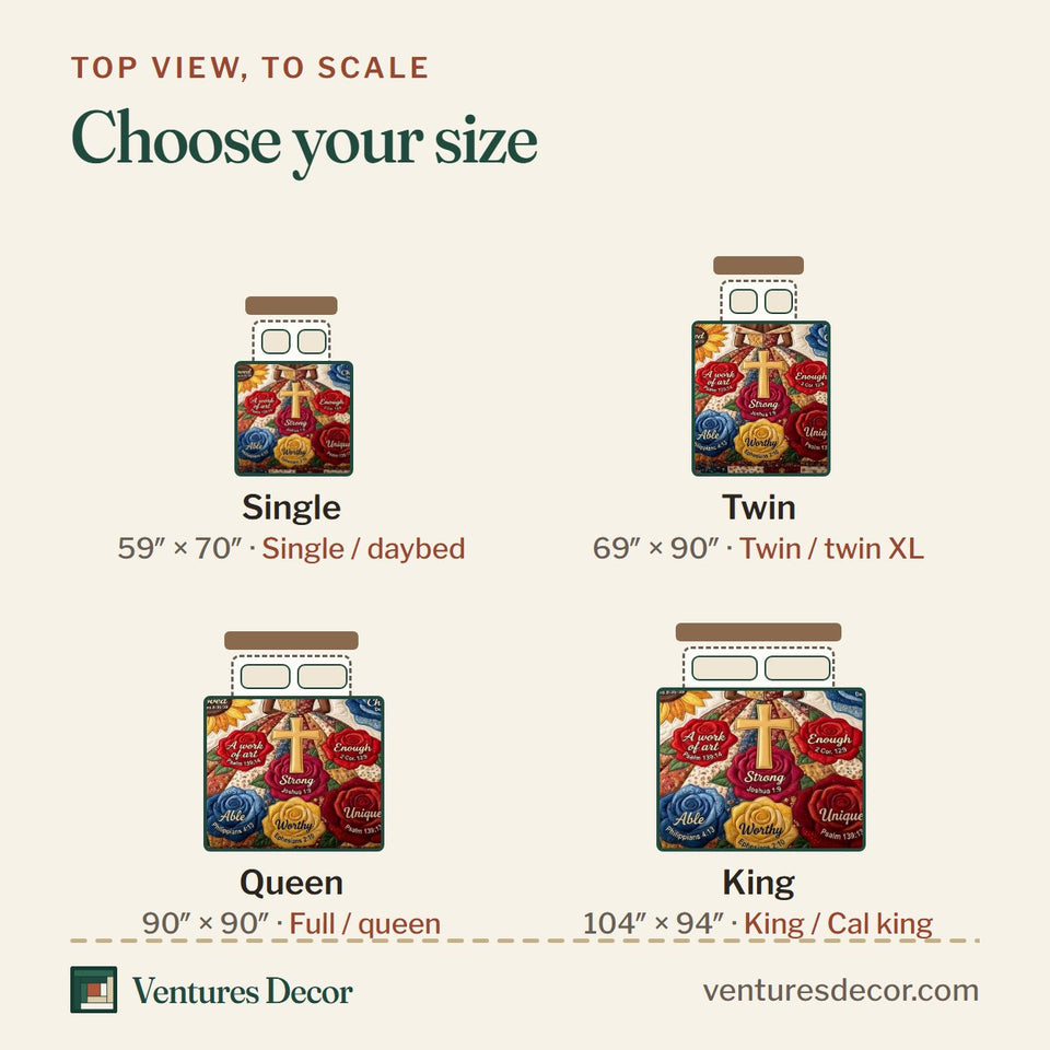 Size guide for the God Says I Am Roses quilt, top view to scale: Single 59 x 70 in, Twin 69 x 90 in, Queen 90 x 90 in, King 104 x 94 in