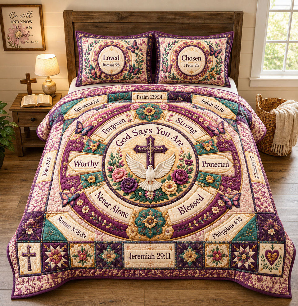 God Says You Are Loved quilted bedding set, quilt and two pillow shams on a made bed