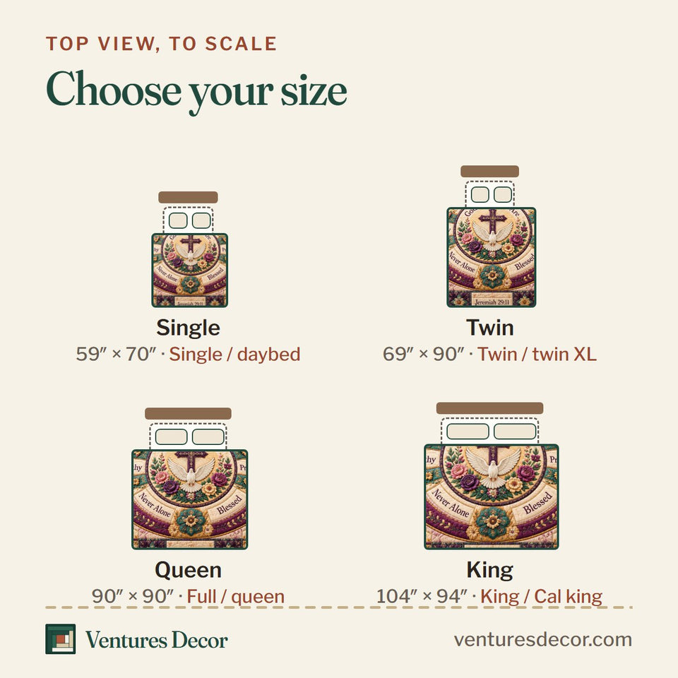 Size guide for the God Says You Are Loved quilt, top view to scale: Single 59 x 70 in, Twin 69 x 90 in, Queen 90 x 90 in, King 104 x 94 in
