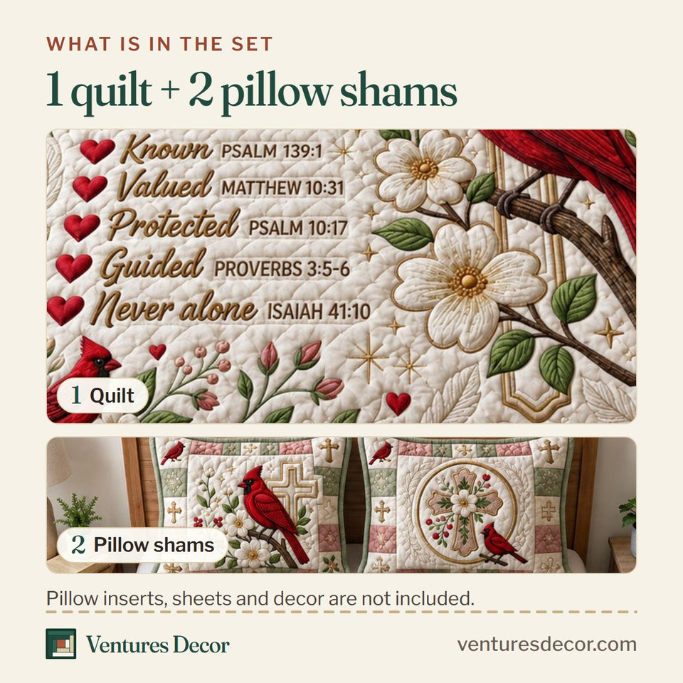 What is in the set: one quilt and two pillow shams, shown in the God Says You Are design