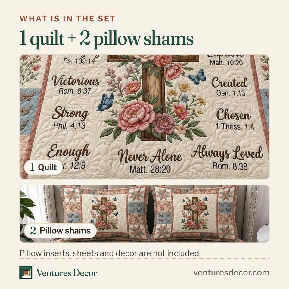 What is in the set: one quilt and two pillow shams, shown in the God Says You Are Rose Cross Pastel Patch design