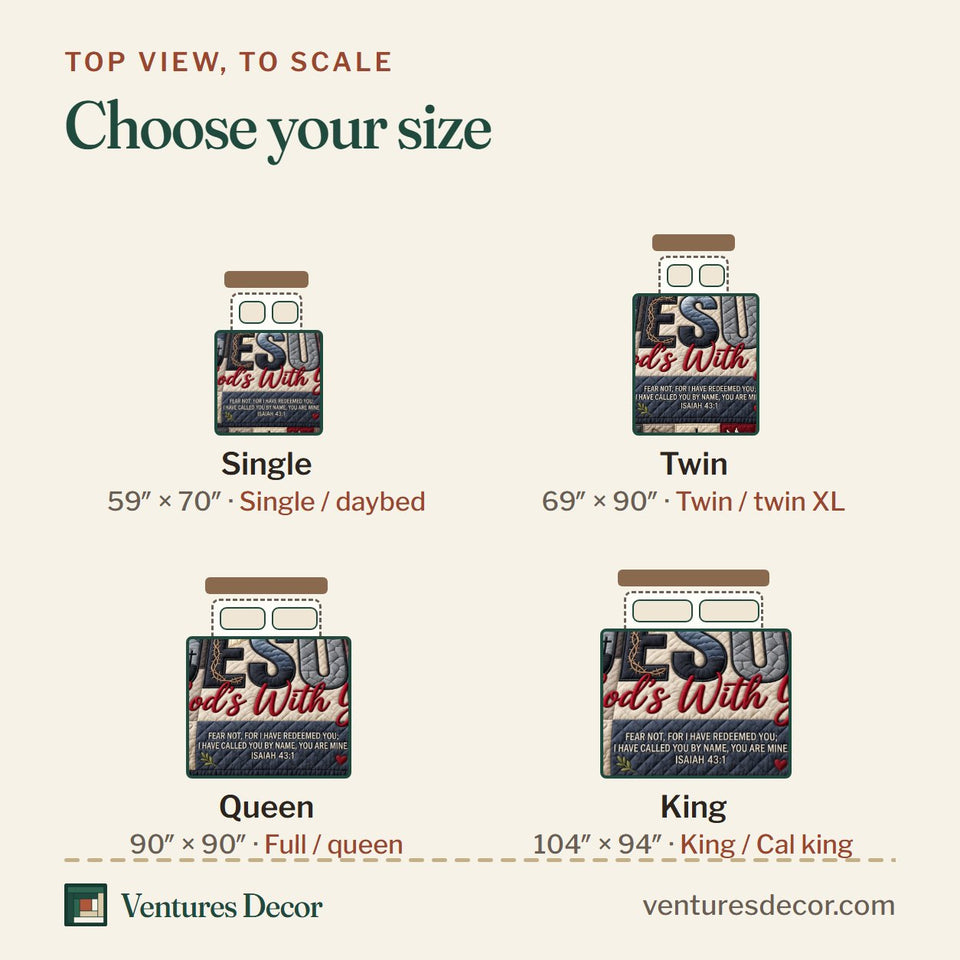 Size guide for the God With You quilt, top view to scale: Single 59 x 70 in, Twin 69 x 90 in, Queen 90 x 90 in, King 104 x 94 in