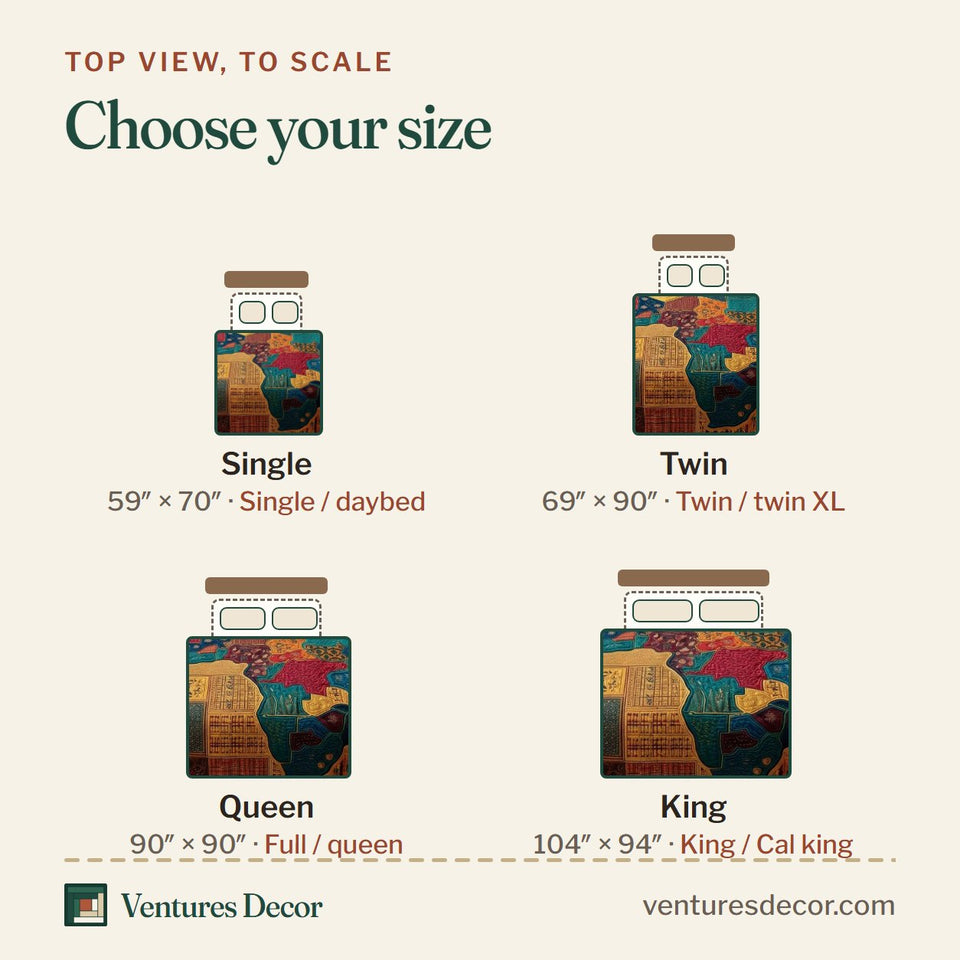 Size guide for the Golden Africa quilt, top view to scale: Single 59 x 70 in, Twin 69 x 90 in, Queen 90 x 90 in, King 104 x 94 in