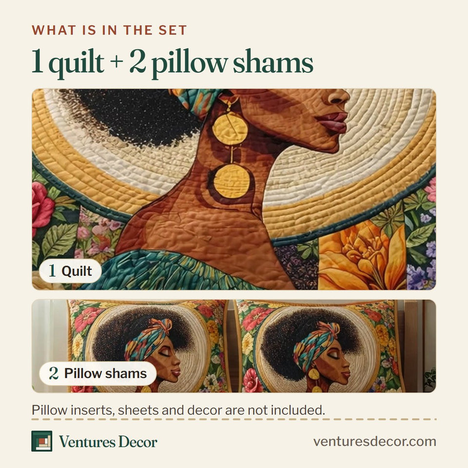 What is in the set: one quilt and two pillow shams, shown in the Golden Afro Elegance design