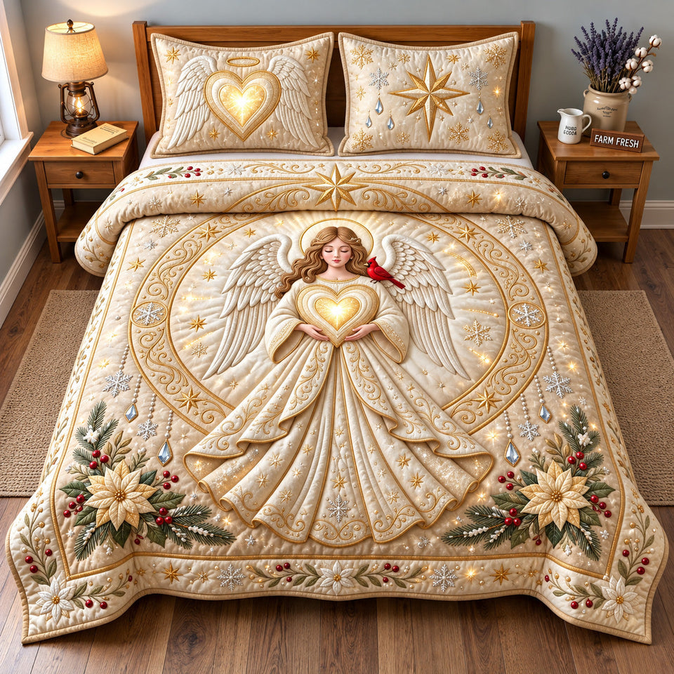 Golden Angel Christmas quilted bedding set, quilt and two pillow shams on a made bed