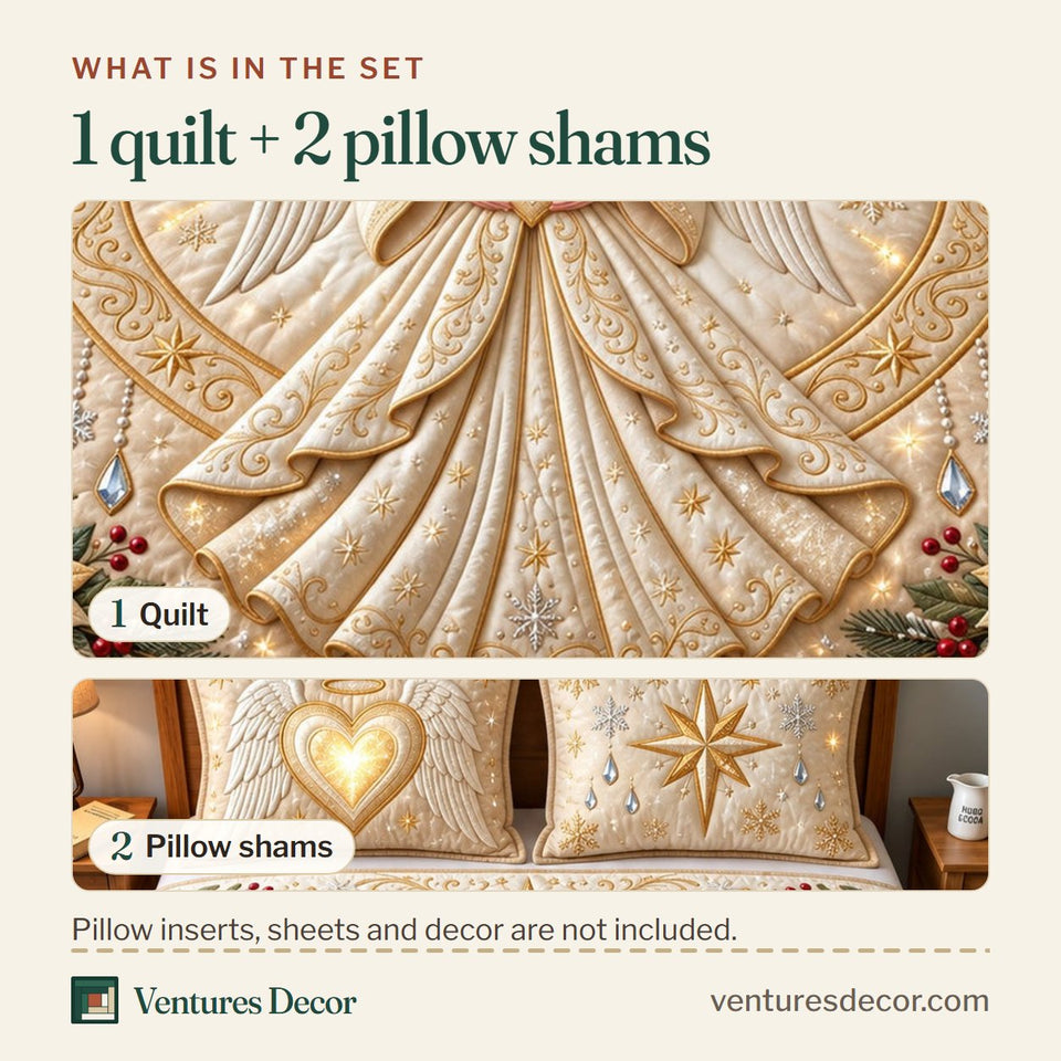 What is in the set: one quilt and two pillow shams, shown in the Golden Angel Christmas Quilt Set, 3-Piece Quilted Bedding with 2 Pillow Shams design