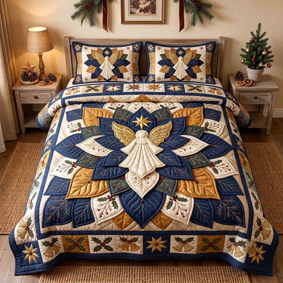 Golden Angel quilted bedding set, quilt and two pillow shams on a made bed