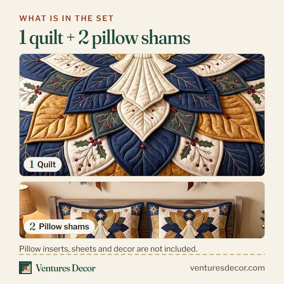 What is in the set: one quilt and two pillow shams, shown in the Golden Angel design