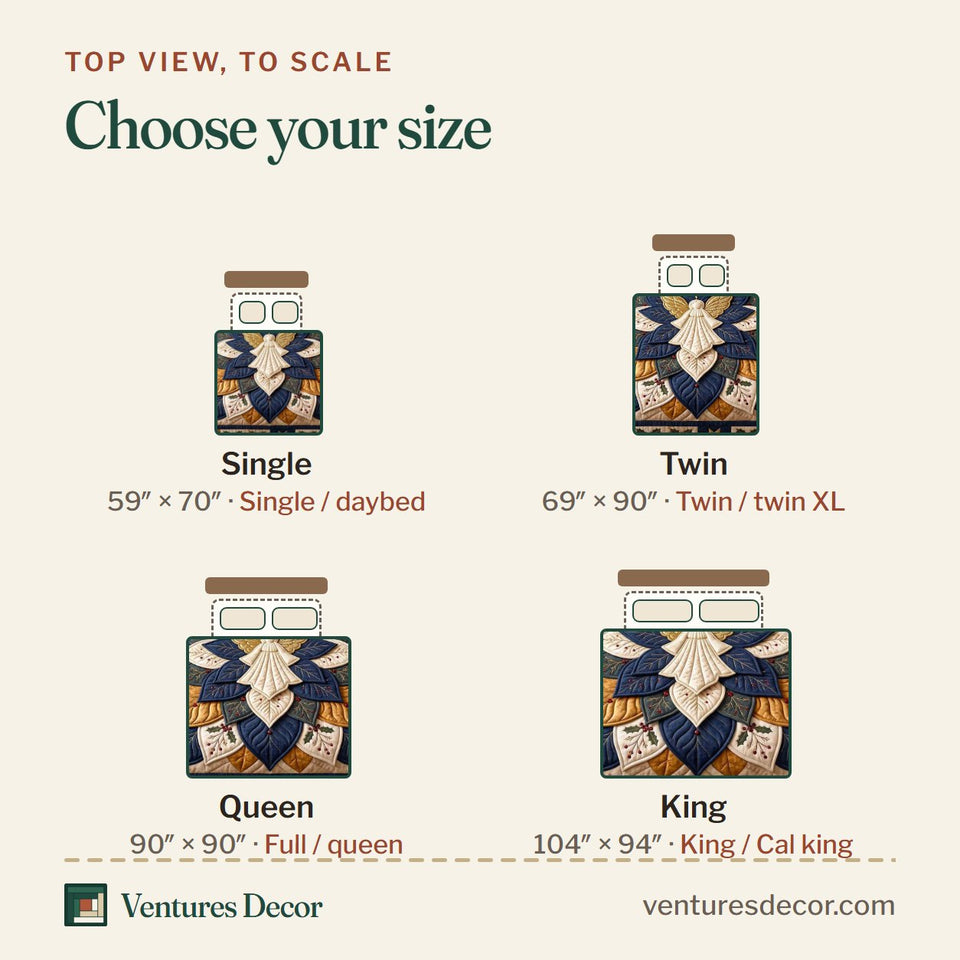 Size guide for the Golden Angel quilt, top view to scale: Single 59 x 70 in, Twin 69 x 90 in, Queen 90 x 90 in, King 104 x 94 in