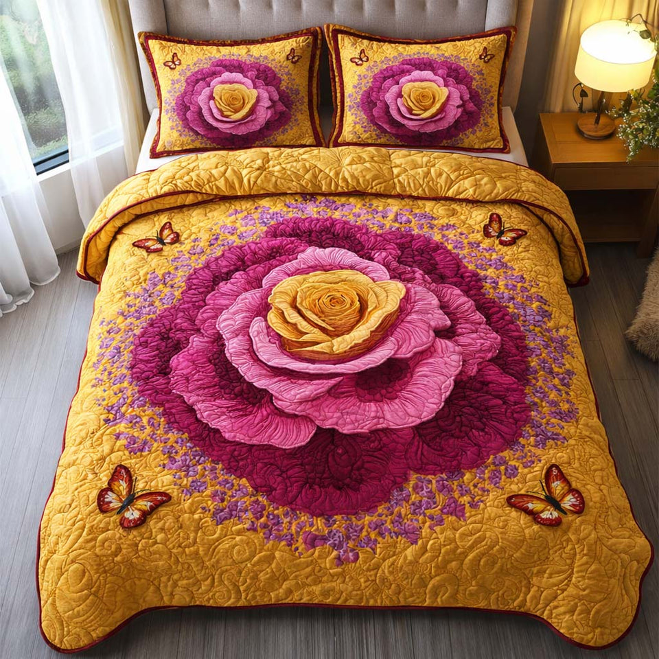 Golden Blossom quilted bedding set, quilt and two pillow shams on a made bed