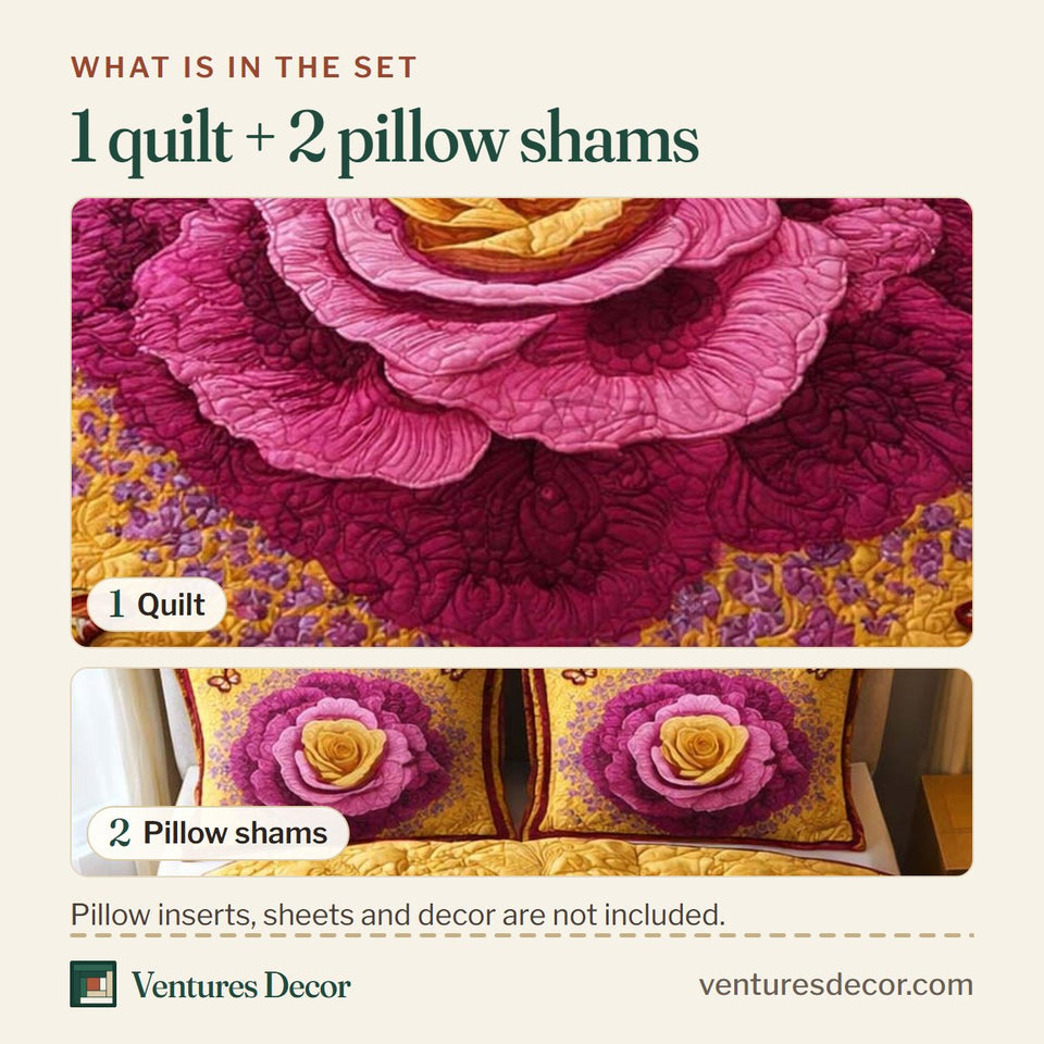 What is in the set: one quilt and two pillow shams, shown in the Golden Blossom design