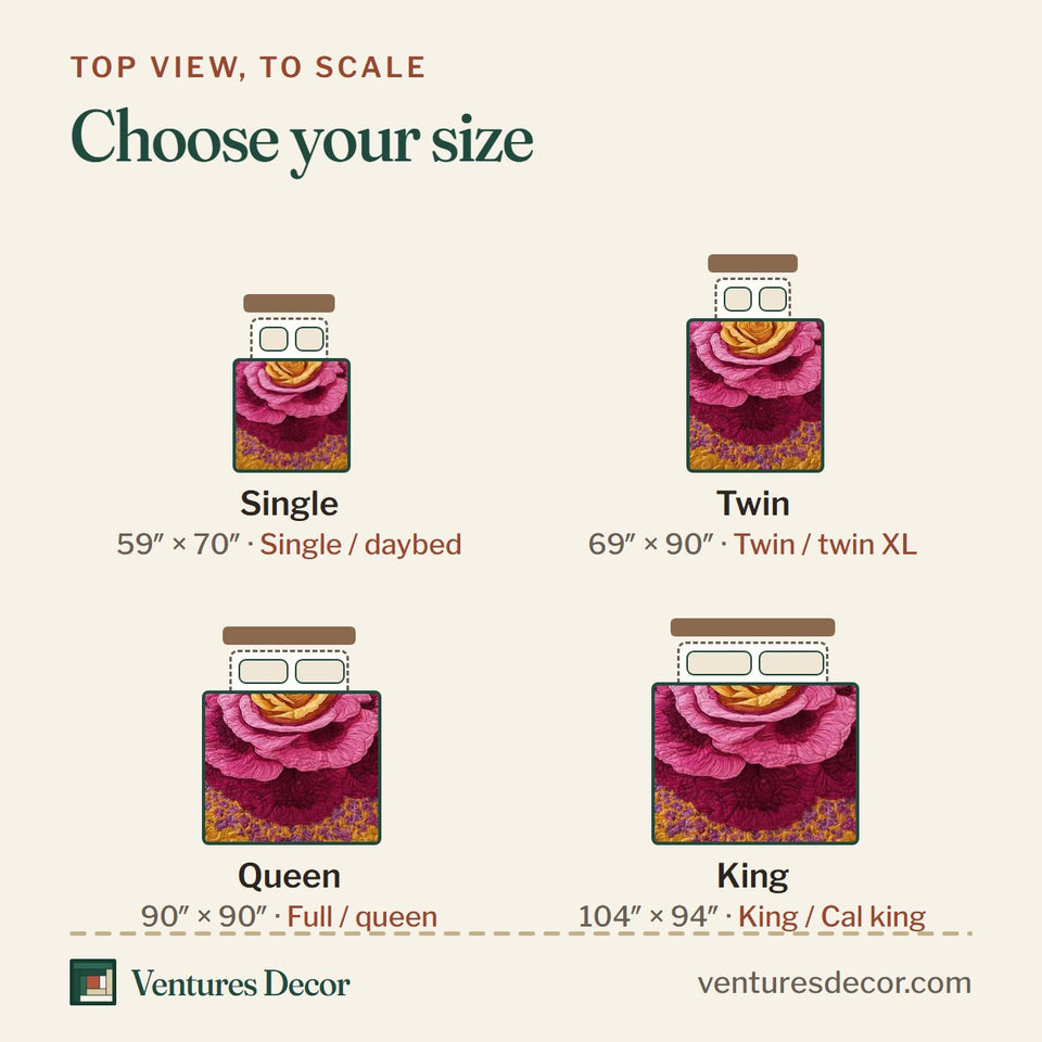 Size guide for the Golden Blossom quilt, top view to scale: Single 59 x 70 in, Twin 69 x 90 in, Queen 90 x 90 in, King 104 x 94 in
