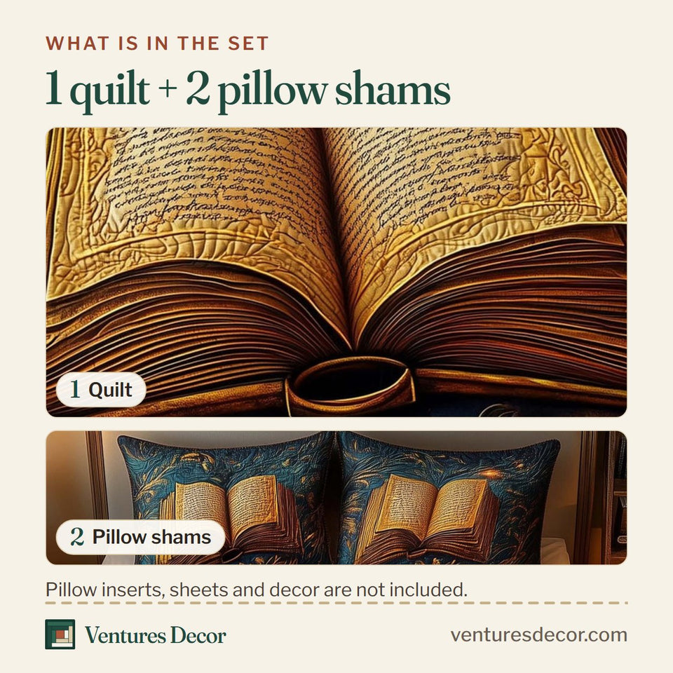 What is in the set: one quilt and two pillow shams, shown in the Golden Book design