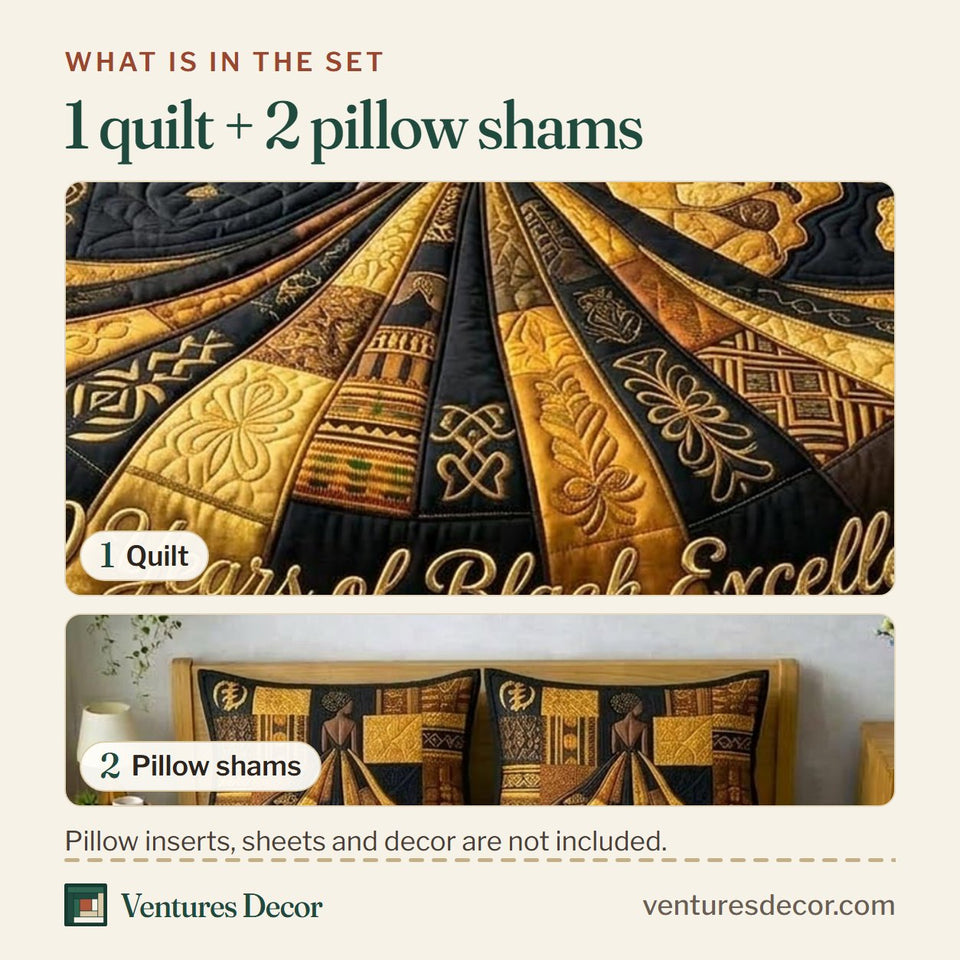 What is in the set: one quilt and two pillow shams, shown in the Golden Century Majesty design