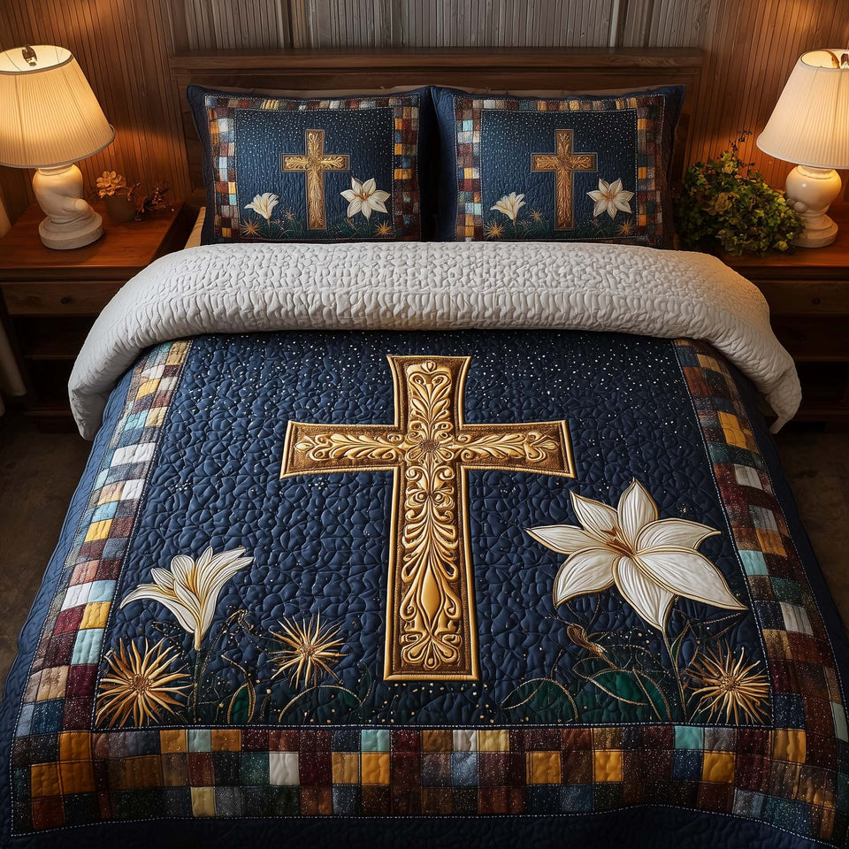 Golden Cross Lily quilted bedding set, quilt and two pillow shams on a made bed