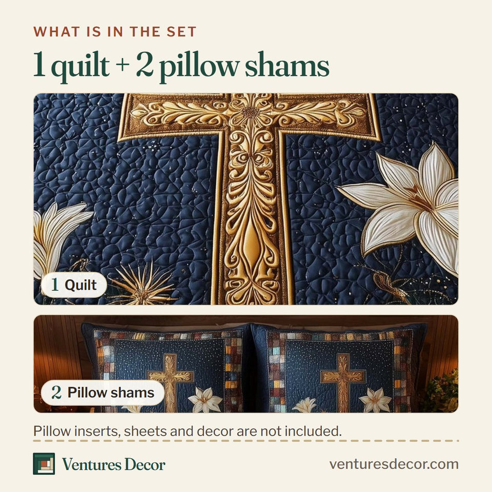 What is in the set: one quilt and two pillow shams, shown in the Golden Cross Lily design