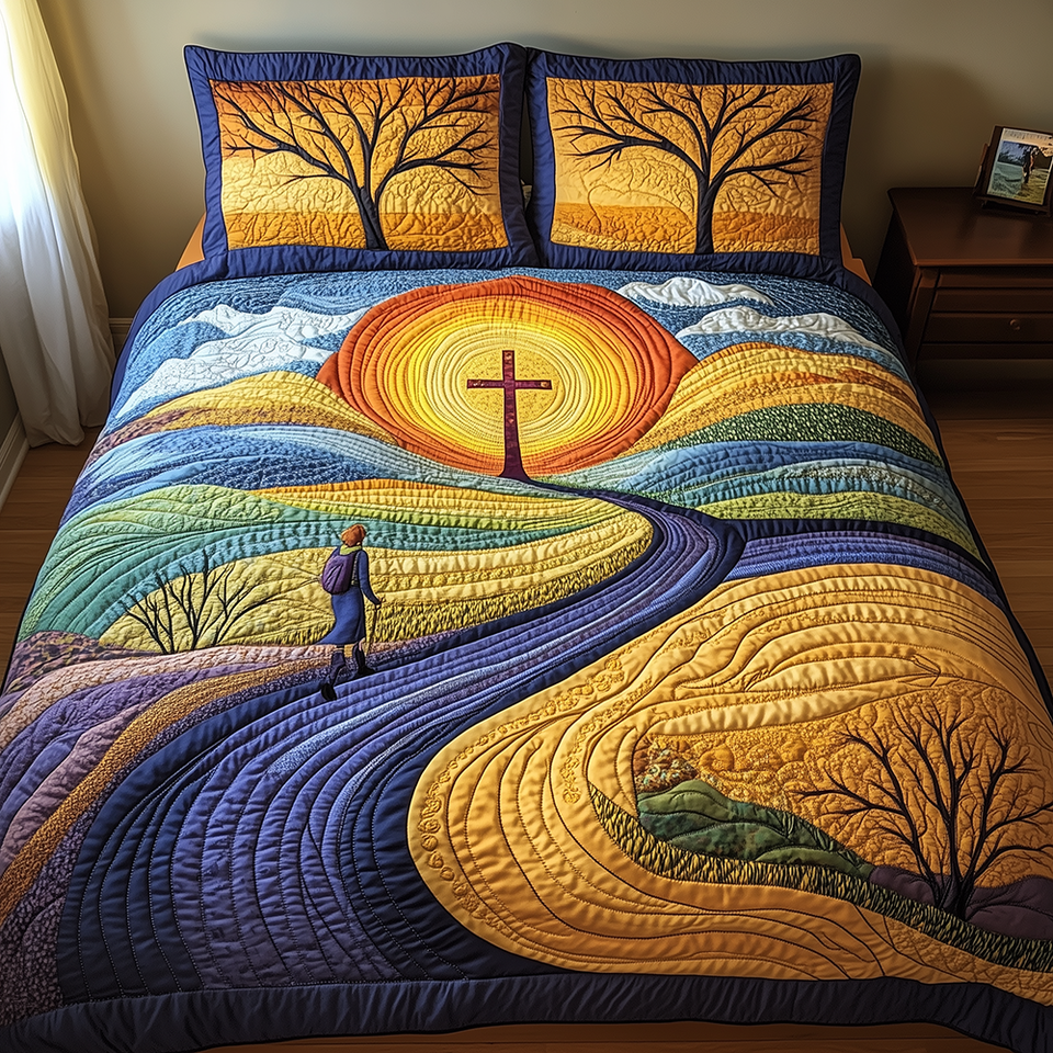Golden Cross Pilgrim Road quilted bedding set, quilt and two pillow shams on a made bed