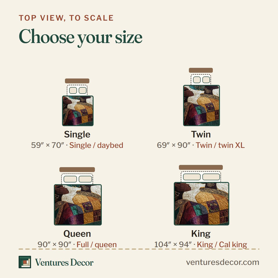 Size guide for the Golden Essence Emerald Patchwork Headwraps quilt, top view to scale: Single 59 x 70 in, Twin 69 x 90 in, Queen 90 x 90 in, King 104 x 94 in