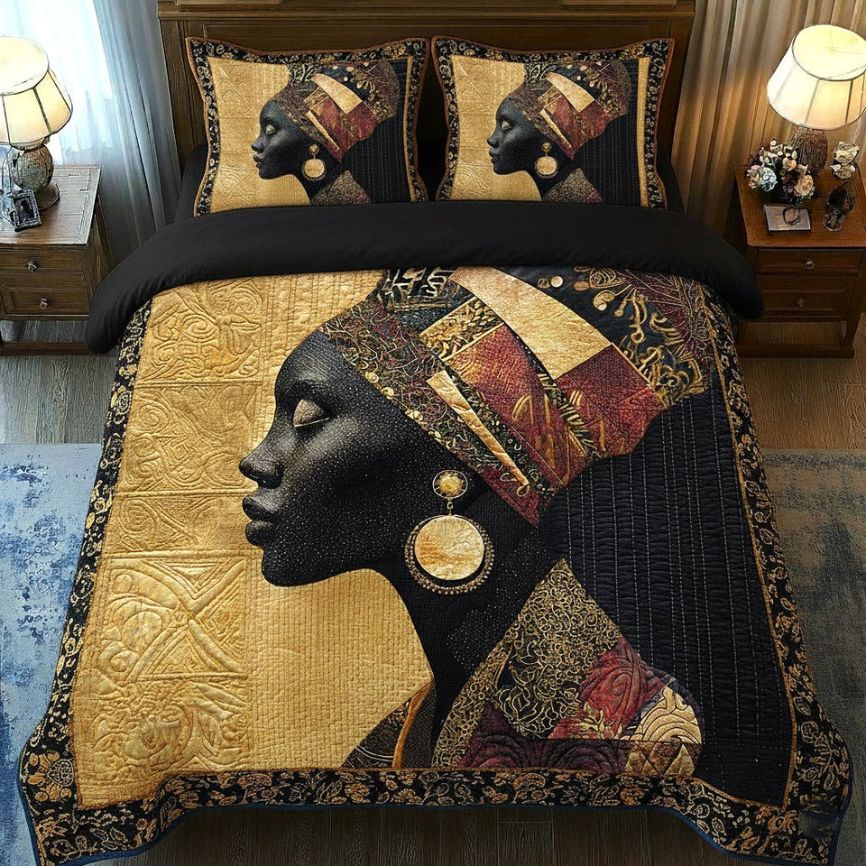 Golden Essence Profile with Hoop Earring quilted bedding set, quilt and two pillow shams on a made bed