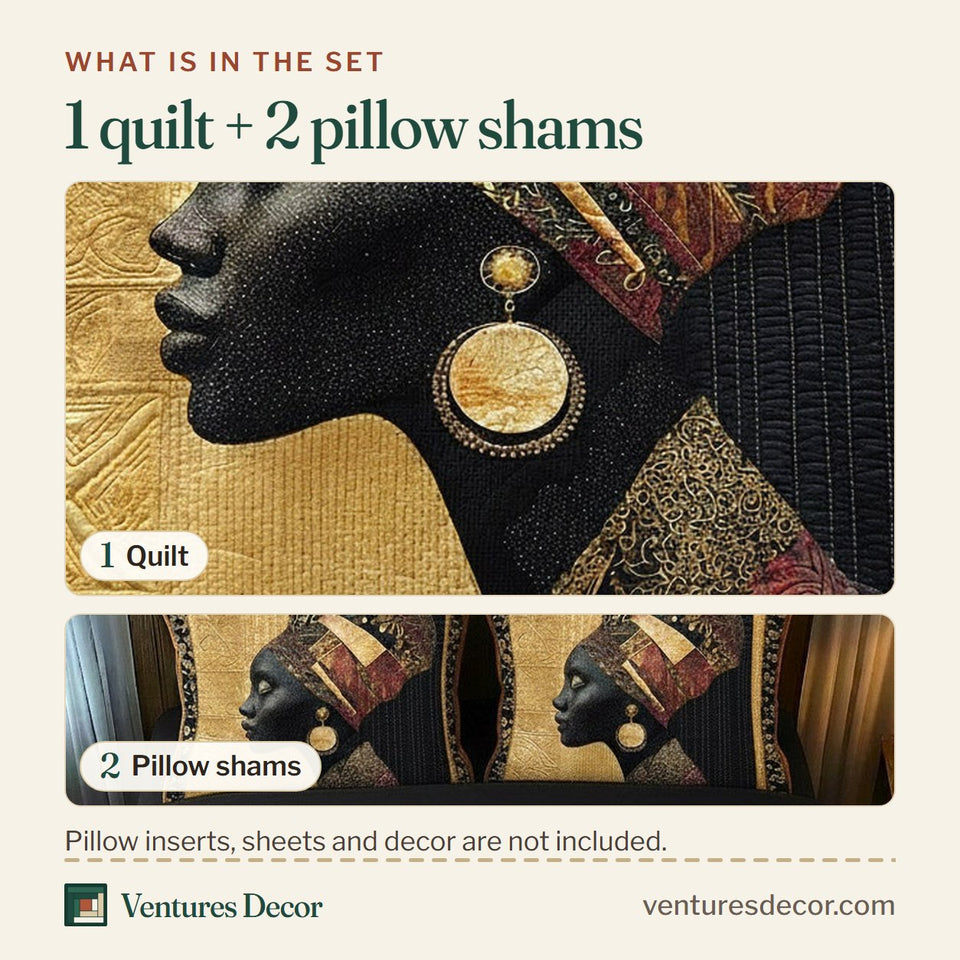What is in the set: one quilt and two pillow shams, shown in the Golden Essence Profile with Hoop Earring design