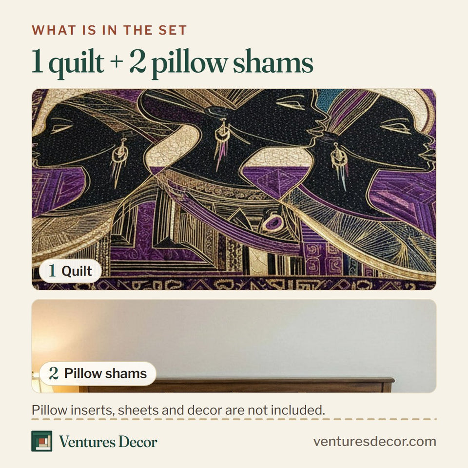 What is in the set: one quilt and two pillow shams, shown in the Golden Essence Purple Tribal Panels design