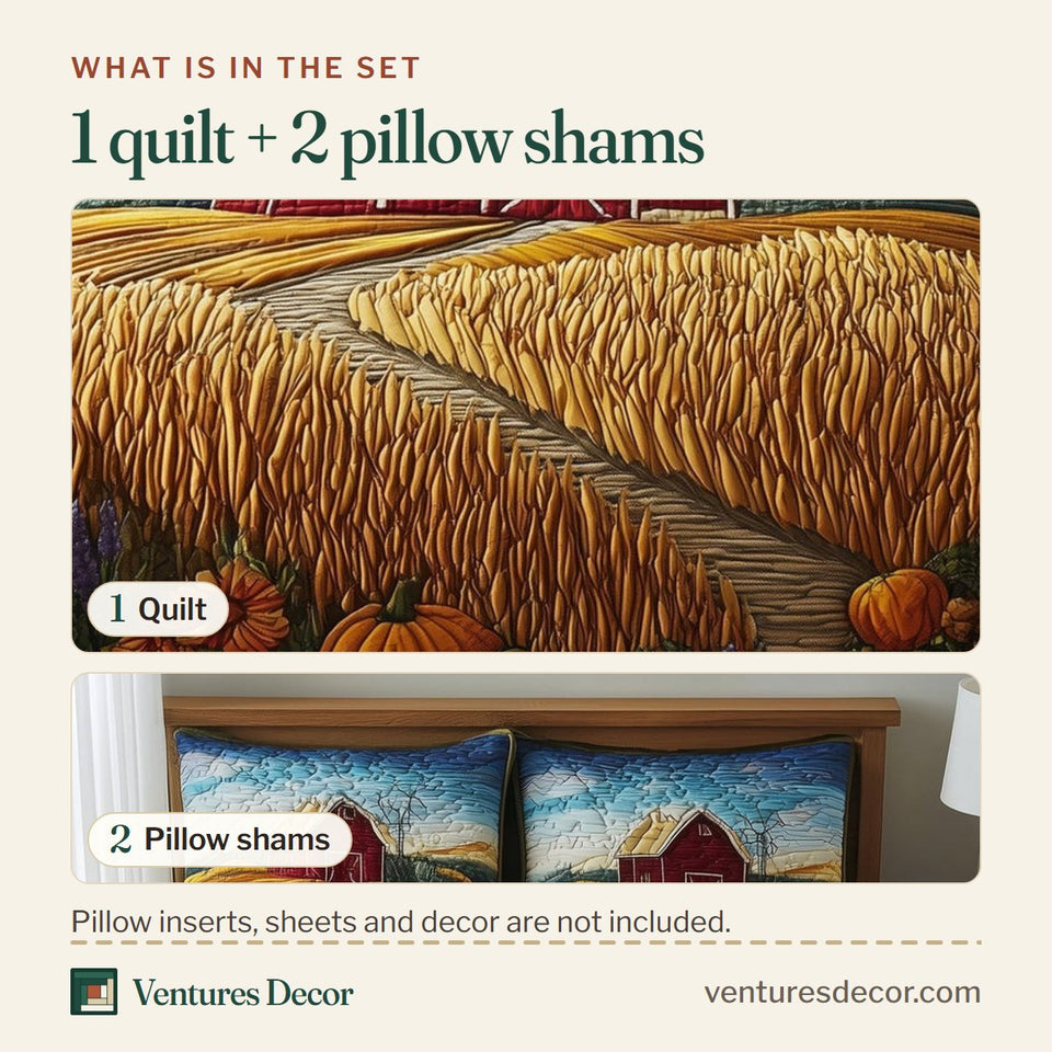 What is in the set: one quilt and two pillow shams, shown in the Golden Fields Red Barn Pumpkin Harvest design