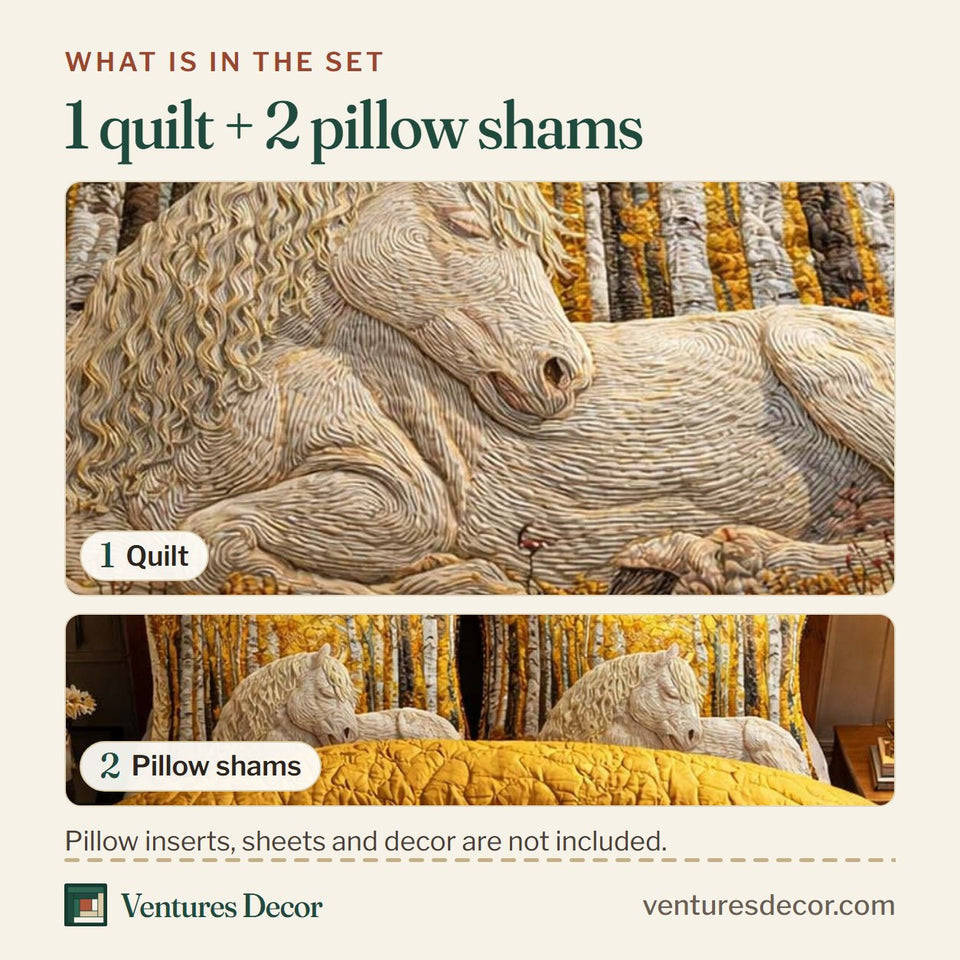 What is in the set: one quilt and two pillow shams, shown in the Golden Forest Mare design