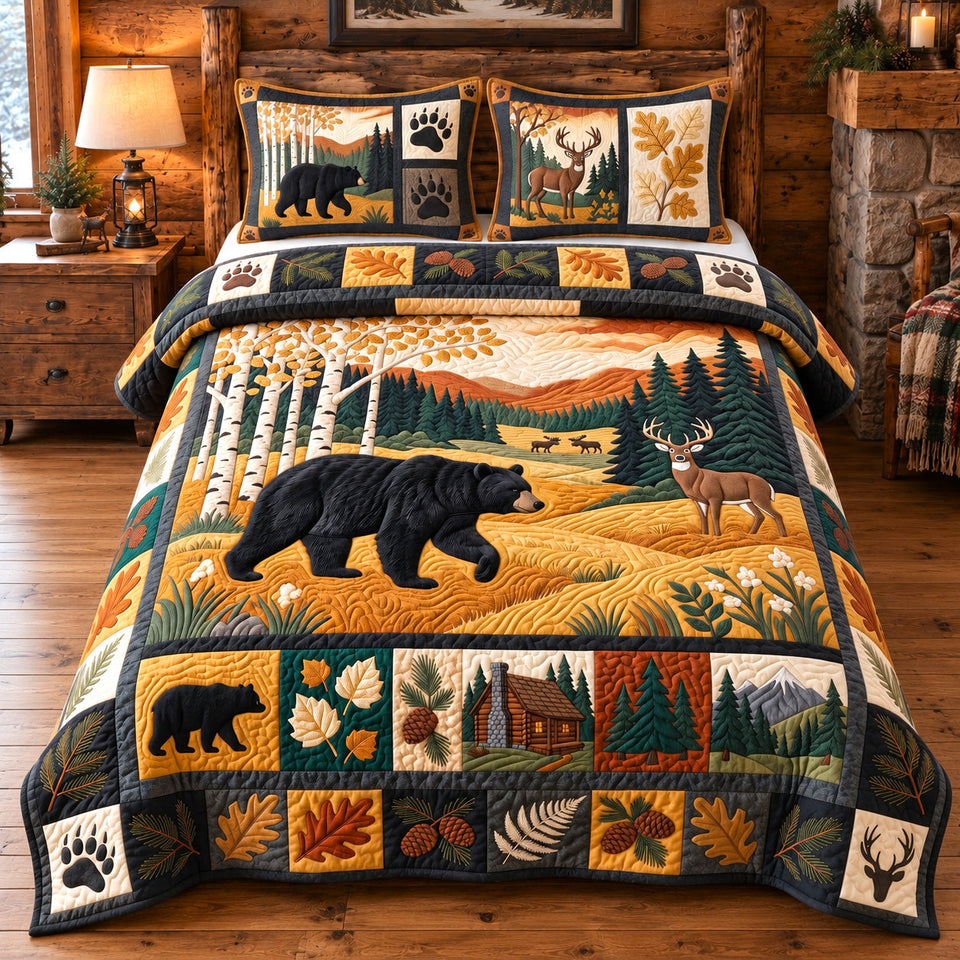 Golden Forest Patchwork quilted bedding set, quilt and two pillow shams on a made bed