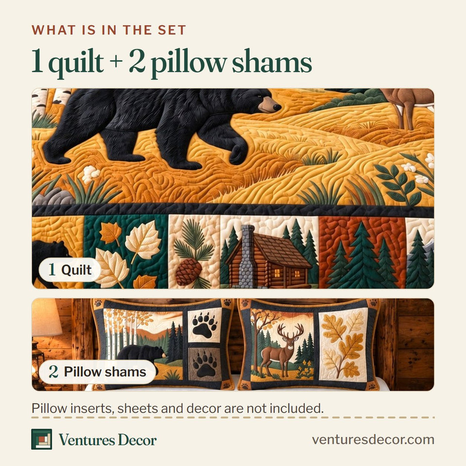 What is in the set: one quilt and two pillow shams, shown in the Golden Forest Patchwork Quilt Set, 3-Piece Quilted Bedding with 2 Pillow Shams design