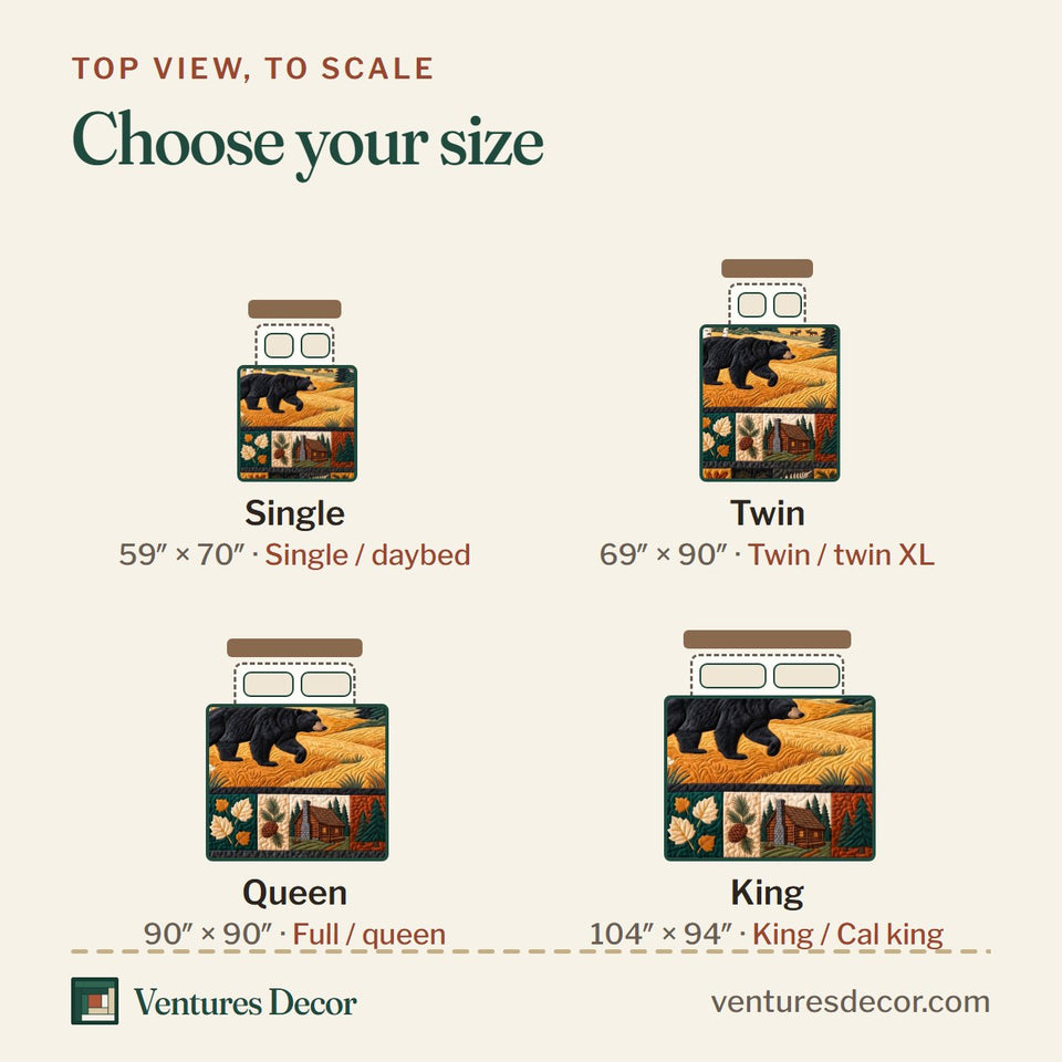 Size guide for the Golden Forest Patchwork Quilt Set, 3-Piece Quilted Bedding with 2 Pillow Shams quilt, top view to scale: Single 59 x 70 in, Twin 69 x 90 in, Queen 90 x 90 in, King 104 x 94 in
