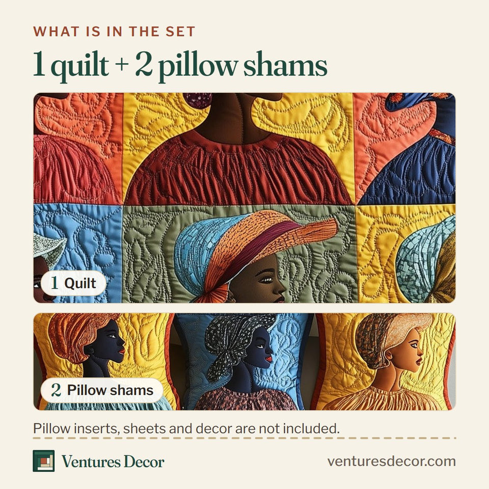 What is in the set: one quilt and two pillow shams, shown in the Golden Glow Sunbonnet design