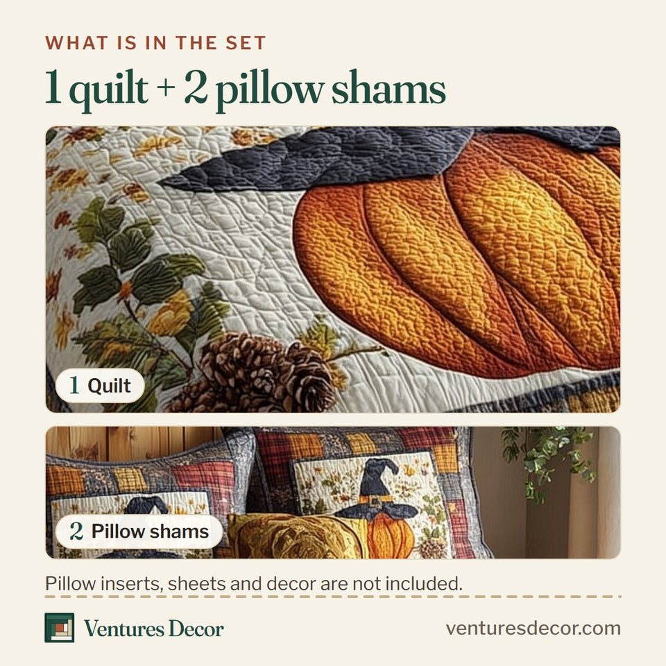 What is in the set: one quilt and two pillow shams, shown in the Golden Gourd Witch Hat design