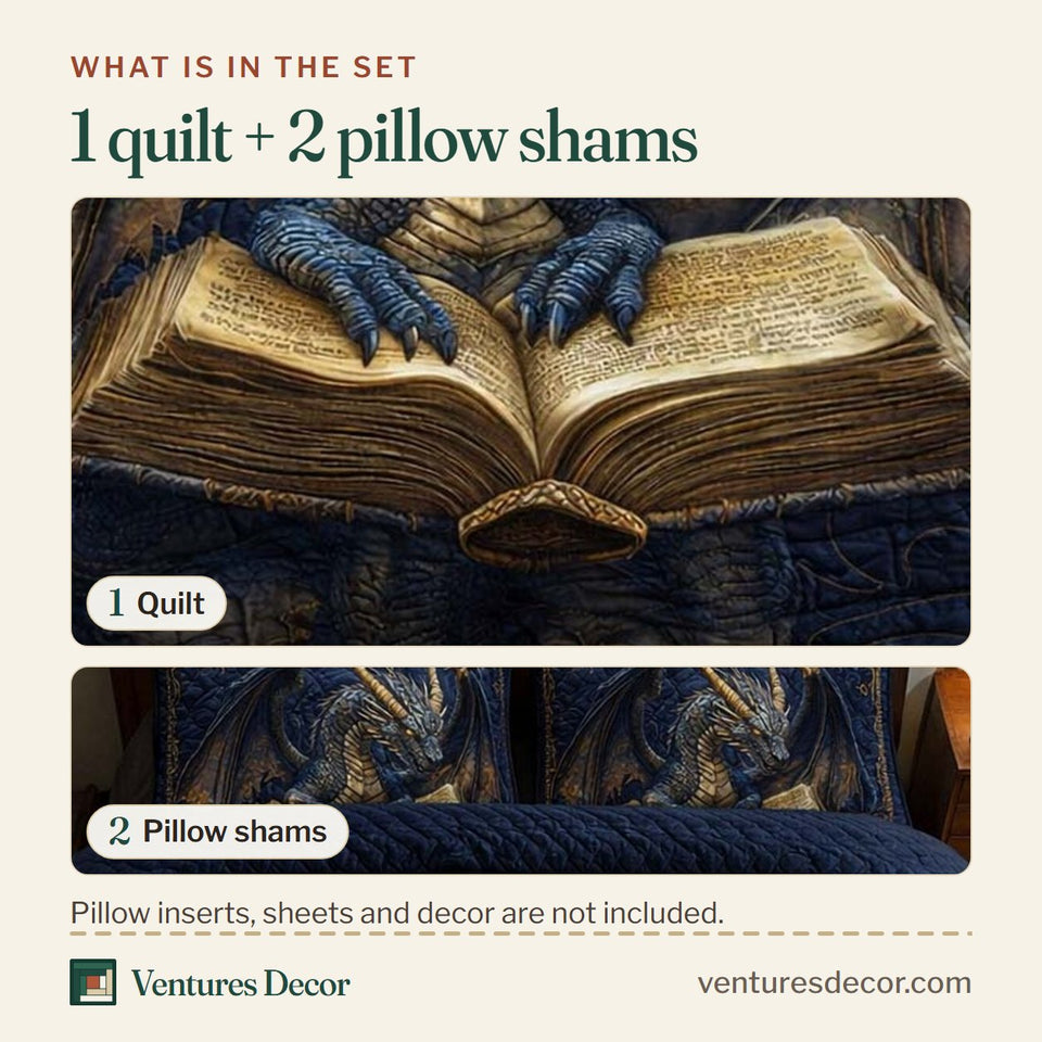 What is in the set: one quilt and two pillow shams, shown in the Golden Grimoire design