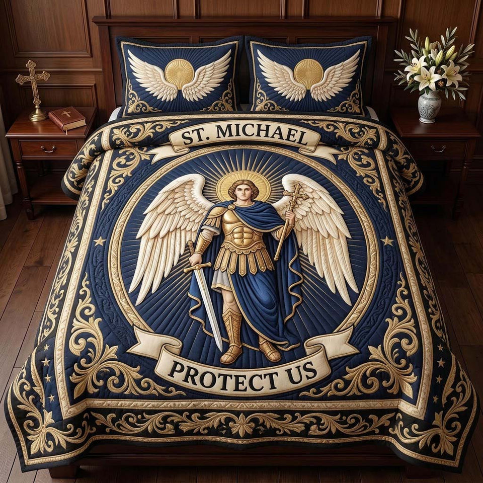 Golden Guardian Medallion quilted bedding set, quilt and two pillow shams on a made bed