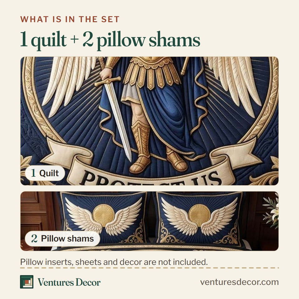 What is in the set: one quilt and two pillow shams, shown in the Golden Guardian Medallion design